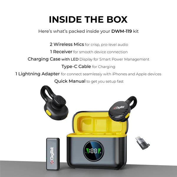 Digitek (DWM 119) 2-in-1 Wireless Microphone, 2.4G Mic with 30m Range, 6Hr Battery, Noise Cancellation & Power Indicator, for iPhone & Android Smartphones, Ideal for Vlogging, Live Streaming & Interviews Digitek (DWM 119) 2-in-1 Wireless Microphone, 2.4G Mic with 30m Range, 6Hr Battery, Noise Cancellation & Power Indicator, for iPhone & Android Smartphones, Ideal for Vlogging, Live Streaming & Interviews